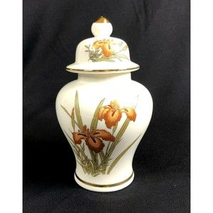 Vtg Fine China Japan Floral Iris Ginger Jar Urn Vase Cream Gold Gilt 8.5"